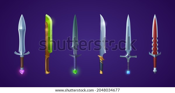 Set of magic swords, space laser futuristic or\
magical steel dagger and stiletto blades. Vector knight warrior\
decorated weapon, Ui design elements for computer game, isolated\
cartoon armor set
