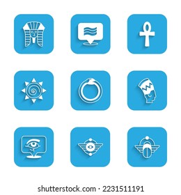 Set Magic symbol of Ouroboros, Egyptian Winged sun, Scarab, Nefertiti, Eye Horus, Sun, Cross ankh and pharaoh icon. Vector
