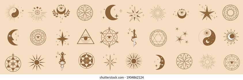 A set of magic symbols, amulets and icons. Vector Elements in minimalist modern flat style for logo, decoration, print.