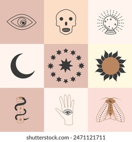 Set of magic symbols, celestial seamless pattern. Astrological, magical and esoteric symbols.