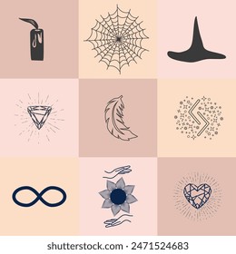 Conjunto de símbolos mágicos, patrón celestial sin fisuras. Símbolos astrológicos, mágicos y esotéricos.