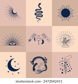 Set of magic symbols, celestial seamless pattern. Astrological, magical and esoteric symbols.