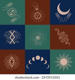 Set of magic symbols, celestial seamless pattern. Astrological, magical and esoteric symbols.