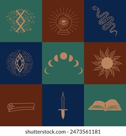 Set of magic symbols, celestial seamless pattern. Astrological, magical and esoteric symbols.