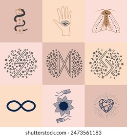 Set of magic symbols, celestial seamless pattern. Astrological, magical and esoteric symbols.