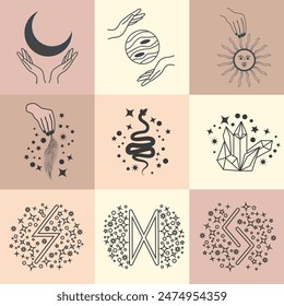 Set of magic symbols, celestial seamless pattern. Astrological, magical and esoteric symbols.