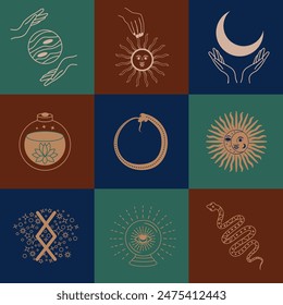 Conjunto de símbolos mágicos, patrón celestial sin fisuras. Símbolos astrológicos, mágicos y esotéricos.