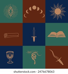 Set of magic symbols, celestial seamless pattern. Astrological, magical and esoteric symbols.