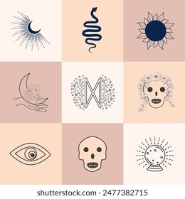 Set of magic symbols, celestial seamless pattern. Astrological, magical and esoteric symbols.