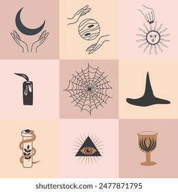 Set of magic symbols, celestial seamless pattern. Astrological, magical and esoteric symbols.
