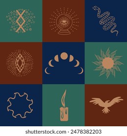 Set of magic symbols, celestial seamless pattern. Astrological, magical and esoteric symbols.