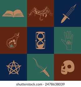 Set of magic symbols, celestial seamless pattern. Astrological, magical and esoteric symbols.