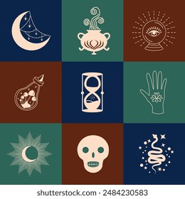 Conjunto de símbolos mágicos, patrón celestial sin fisuras. Símbolos astrológicos, mágicos y esotéricos.