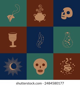 Set of magic symbols, celestial seamless pattern. Astrological, magical and esoteric symbols.