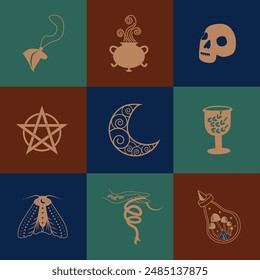 Conjunto de símbolos mágicos, patrón celestial sin fisuras. Símbolos astrológicos, mágicos y esotéricos.