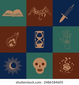 Set of magic symbols, celestial seamless pattern. Astrological, magical and esoteric symbols.