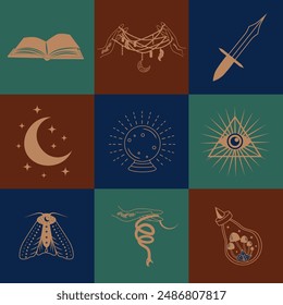 Conjunto de símbolos mágicos, patrón celestial sin fisuras. Símbolos astrológicos, mágicos y esotéricos.