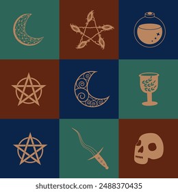 Set of magic symbols, celestial seamless pattern. Astrological, magical and esoteric symbols.