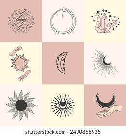 Set of magic symbols, celestial seamless pattern. Astrological, magical and esoteric symbols.