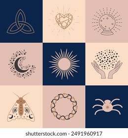 Set of magic symbols, celestial seamless pattern. Astrological, magical and esoteric symbols.