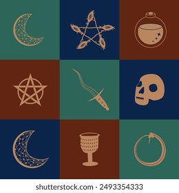 Set of magic symbols, celestial seamless pattern. Astrological, magical and esoteric symbols.