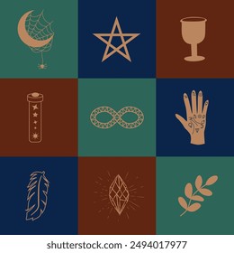 Set of magic symbols, celestial seamless pattern. Astrological, magical and esoteric symbols.