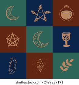 Set of magic symbols, celestial seamless pattern. Astrological, magical and esoteric symbols.