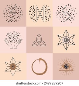 Conjunto de símbolos mágicos, patrón celestial sin fisuras. Símbolos astrológicos, mágicos y esotéricos.