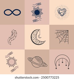 Set of magic symbols, celestial seamless pattern. Astrological, magical and esoteric symbols.