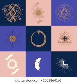 Conjunto de símbolos mágicos, patrón celestial sin fisuras. Símbolos astrológicos, mágicos y esotéricos.