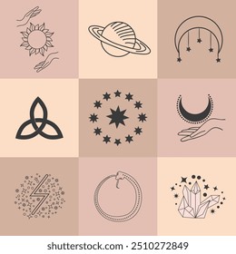 Conjunto de símbolos mágicos, patrón celestial sin fisuras. Símbolos astrológicos, mágicos y esotéricos.
