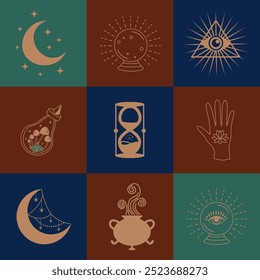 Conjunto de símbolos mágicos, patrón celestial sin fisuras. Símbolos astrológicos, mágicos y esotéricos.