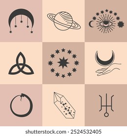 Set of magic symbols, celestial seamless pattern. Astrological, magical and esoteric symbols.