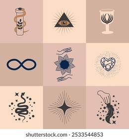 Set of magic symbols, celestial seamless pattern. Astrological, magical and esoteric symbols.