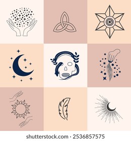 Set of magic symbols, celestial seamless pattern. Astrological, magical and esoteric symbols.