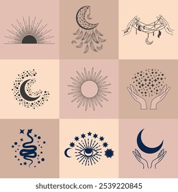 Set of magic symbols, celestial seamless pattern. Astrological, magical and esoteric symbols.