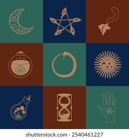 Conjunto de símbolos mágicos, patrón celestial sin fisuras. Símbolos astrológicos, mágicos y esotéricos.