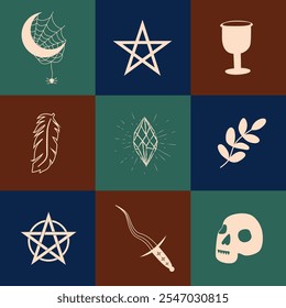 Set of magic symbols, celestial seamless pattern. Astrological, magical and esoteric symbols.