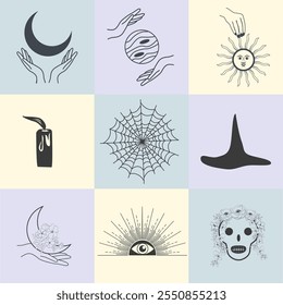 Conjunto de símbolos mágicos, padrão celeste sem emenda. Símbolos astrológicos, mágicos e esotéricos.