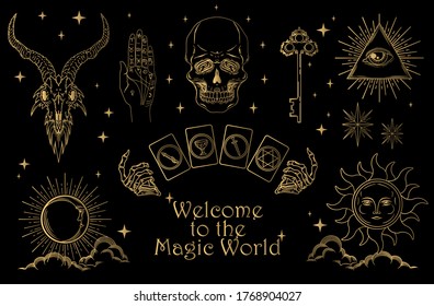 Set of magic symbols and esoteric signs included skull, occult, mystical and spiritual symbols in gold colour on black background. Vector illustration. 