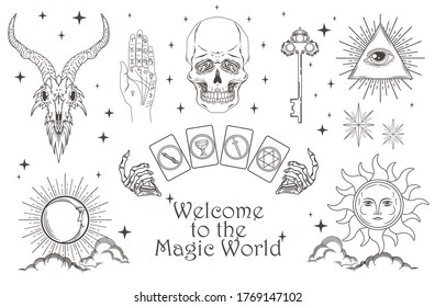 Set of magic symbols and esoteric signs included skull, occult, mystical and spiritual symbols. Vector templates isolated on white background. 