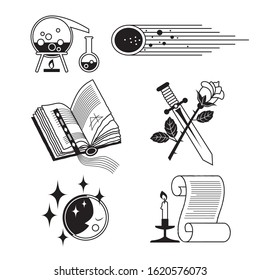 a set of magic symbols in the form of six icons. a black-and-white linear drawing 
depicts a magic book, a dagger and a rose, a comet and the moon. vector illustration. EPS 10.