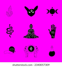 Set of magic symbols pink background hand ball buddha crystal snake