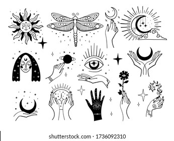 Set of magic symbols, witch tattoos. Crescent moon, sun with face, hands with plants, magic ball and stars. Black linear sketch, boho design, modern vector illustration