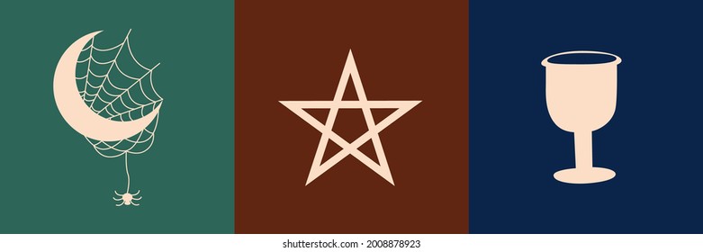 Conjunto de símbolos mágicos, tatuajes de brujas. Luna creciente, sol, manos, bola mágica y estrellas. esbozo lineal, diseño boho, ilustración moderna