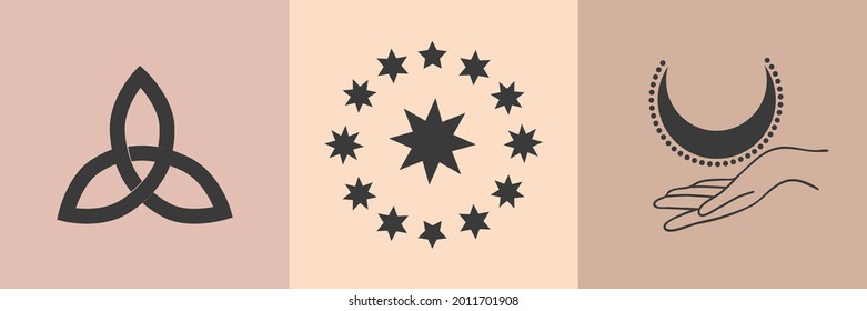 Conjunto de símbolos mágicos, tatuajes de brujas. Luna creciente, sol, manos, bola mágica y estrellas. esbozo lineal, diseño boho, ilustración moderna