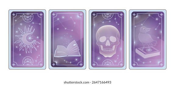Conjunto de capas de cartão de tarô mágico, decoração esotérica com sol e estrelas, livro mágico, corvo, crânio no fundo místico. Ilustrações desenhadas à mão vetorial.