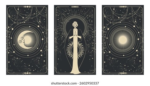 Set of magic tarot cards with sun, moon and fairy lady. Mystical bohemian cards, spiritual astrological templates, witch vector illustration collection.