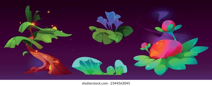 Set of magic tree and flowers isolated on dark background. Vector cartoon illustration of neon color fairytale plants, fantastic tropical garden flora, mushrooms and fireflies, alien planet nature