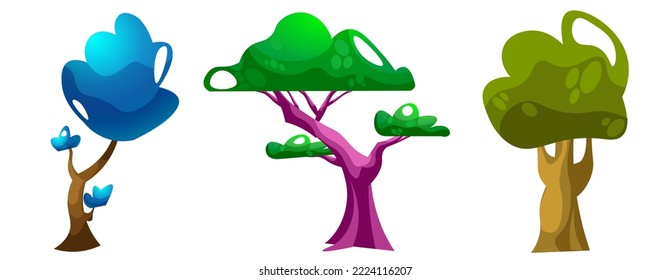 Set of magic trees isolated on white background. rpg fantasy elements. Cartoon vector illustration